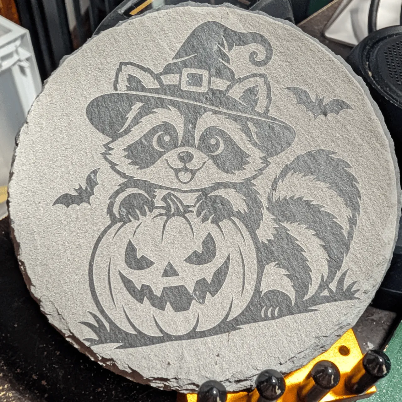 Halloween Racoon Round Slate Coaster test grid