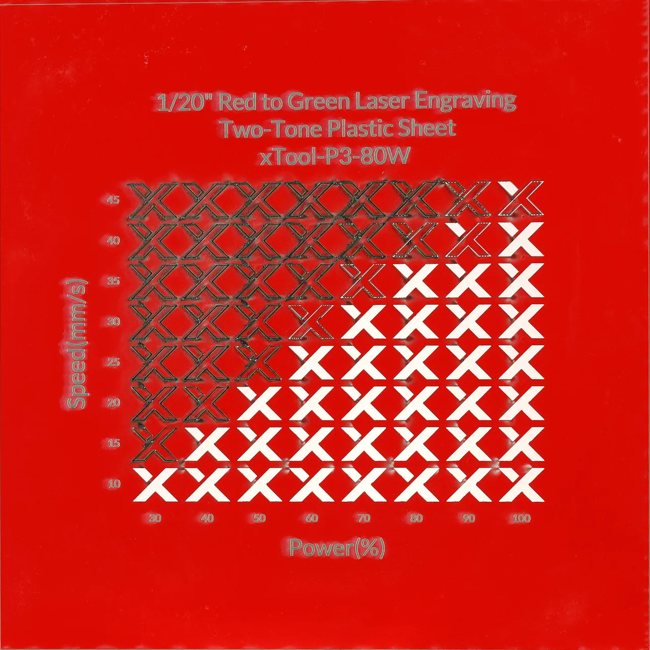 1/20"(1.3mm) Red to Green Laser Engraving Two-Tone Plastic Sheet test grid