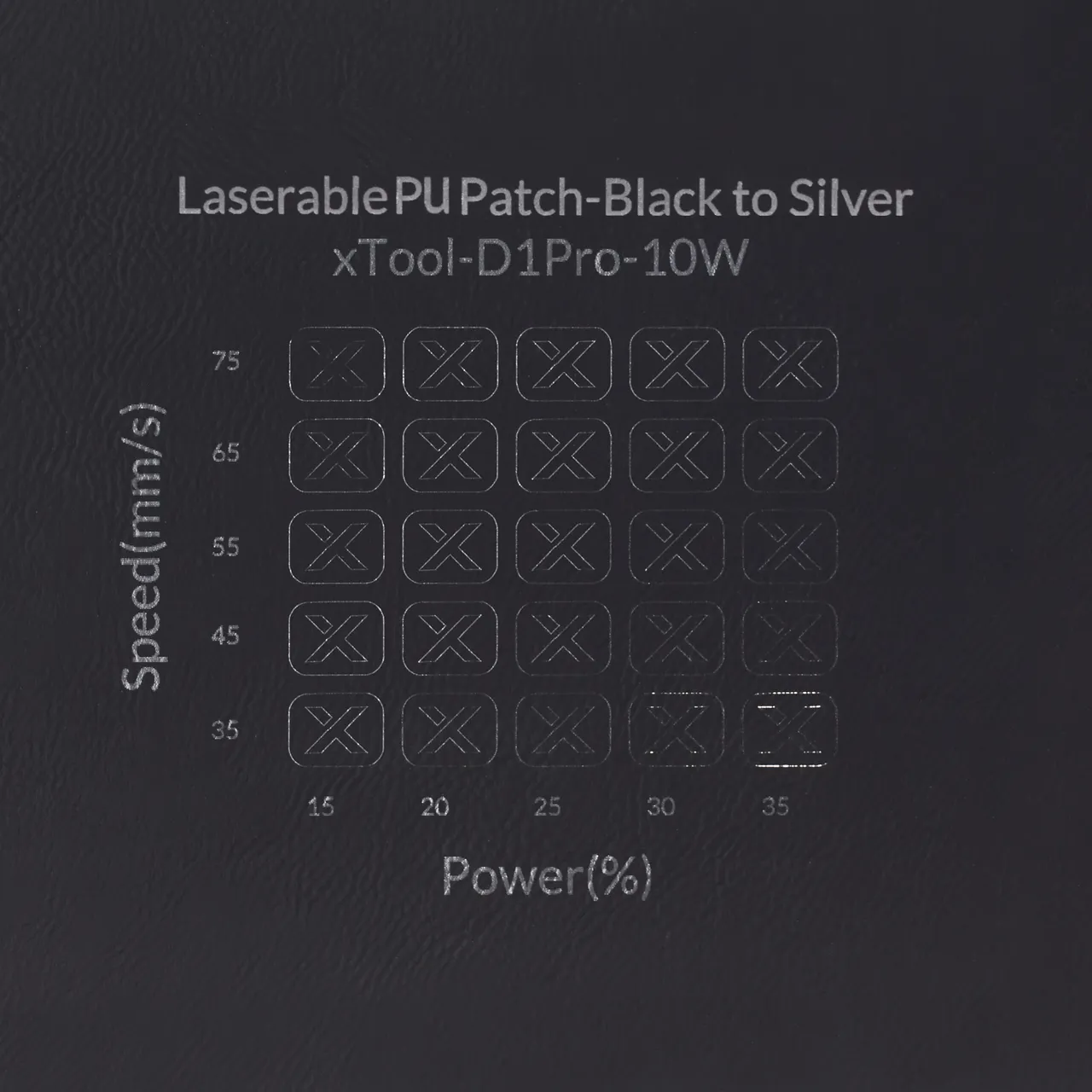 Black to Silver Round Laserable Leatherette Iron-on Patch test grid