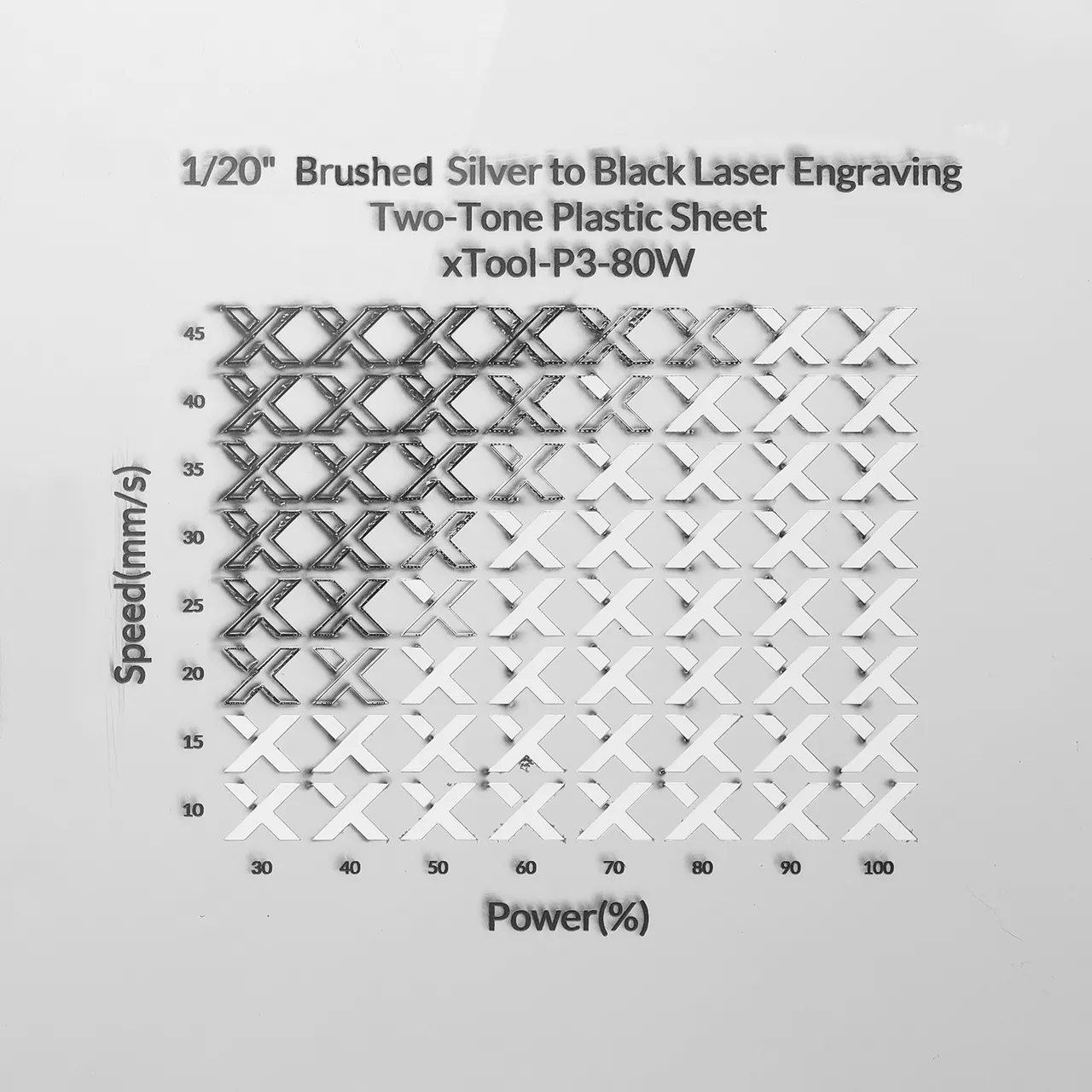 1/20"(1.3mm) Brushed Silver to Black Laser Engraving Two-Tone Plastic Sheet test grid